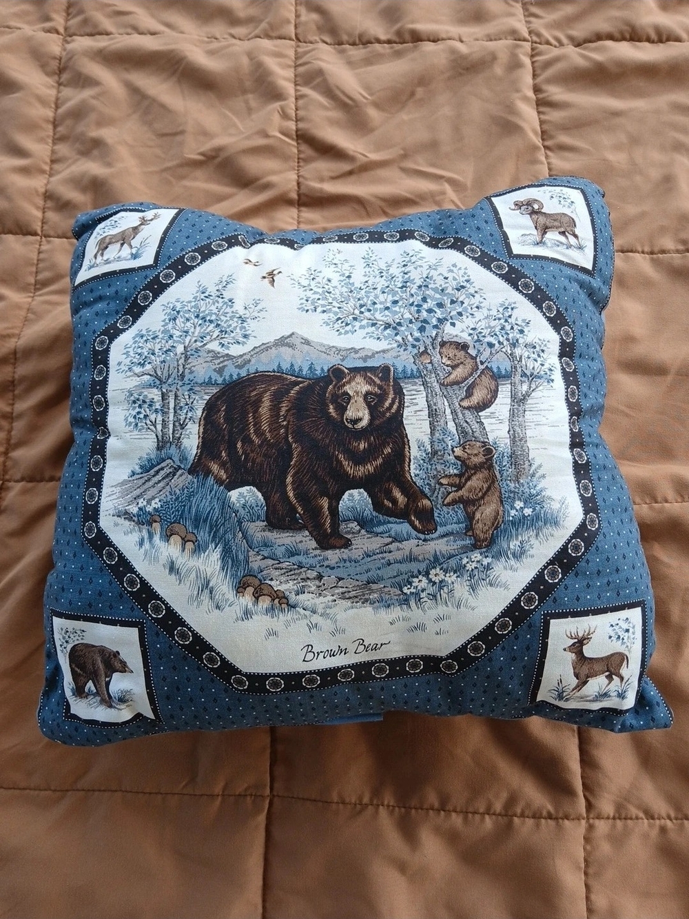 Brown Bear Blue Decorative Throw Pillow - Rustic Cabin Accent